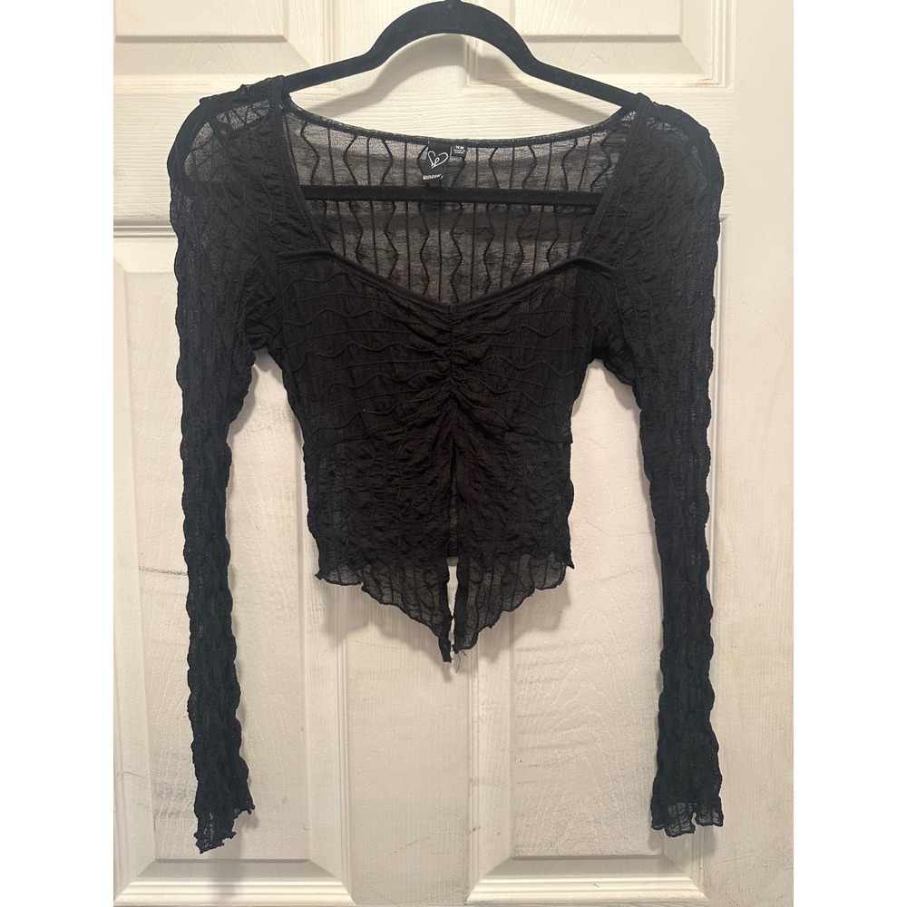 Black Textured Mesh Ruched Front Crop Top Long Sleeve XS Butterfly Goth Punk